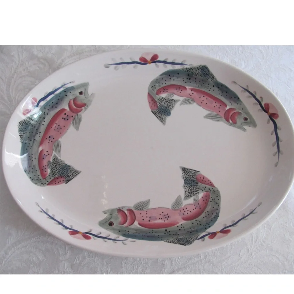 Sara Peterson Fish Design Platter with Pink and Green Details